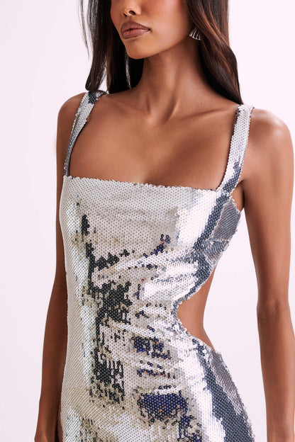 Adoria Sequin Cut Out Maxi Dress Silver