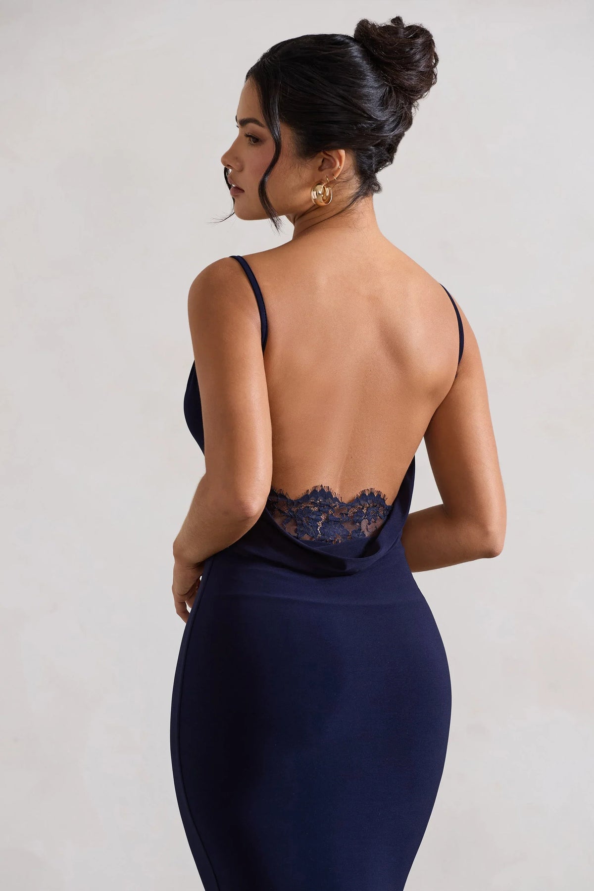 Addison Navy Cowl Neck Open Back Midi Dress With Lace