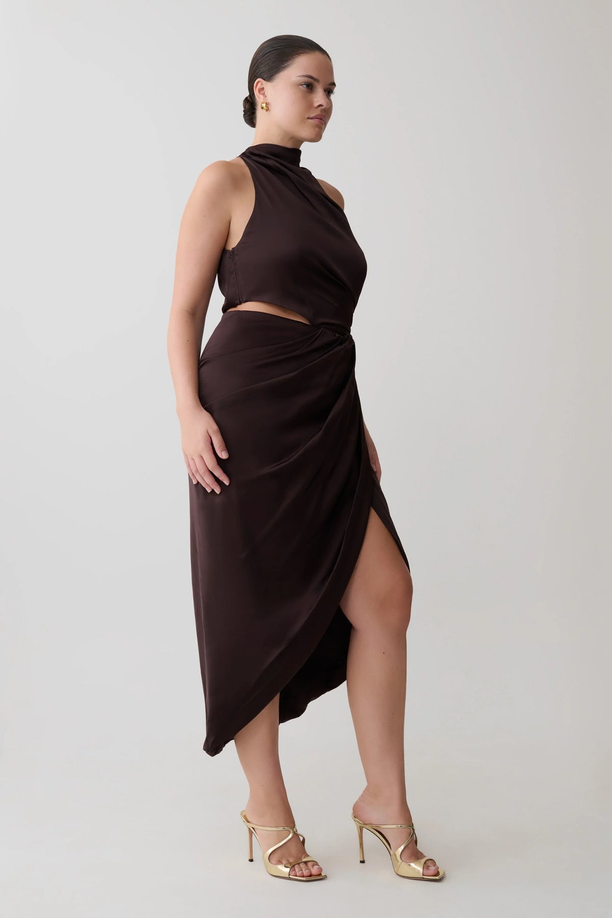Aveline Draped Halter Midi Dress Dark Chocolate