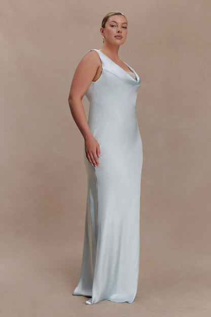 Ashley Cowl Neck Lace And Satin Maxi Dress Ice Blue