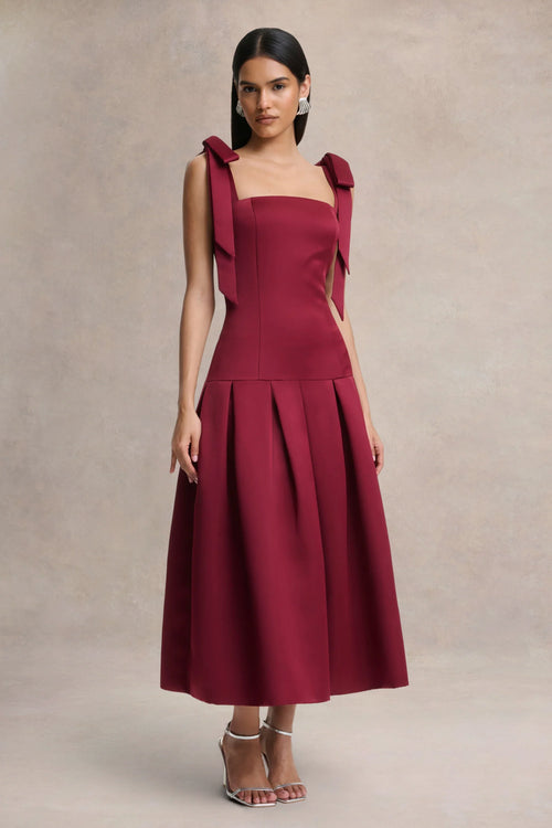 Alberta Burgundy Satin Square Neck Midi Dress With Bow Straps