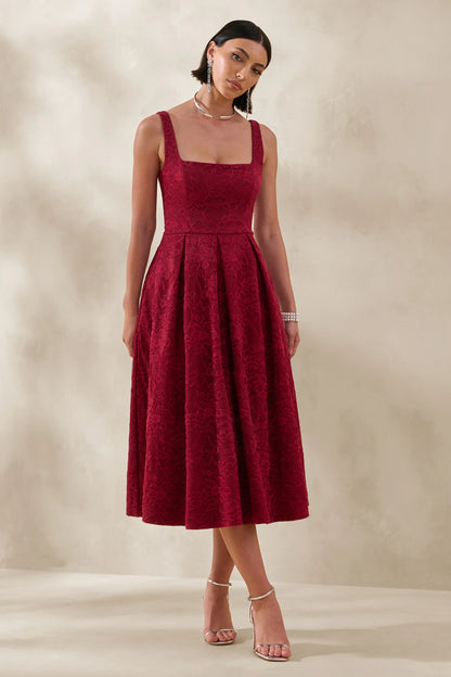 Ashmara Burgundy Lace Square Neck Midi Dress