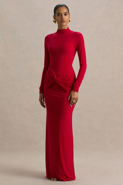 Alula Red High Neck Maxi Dress With Twist Detail
