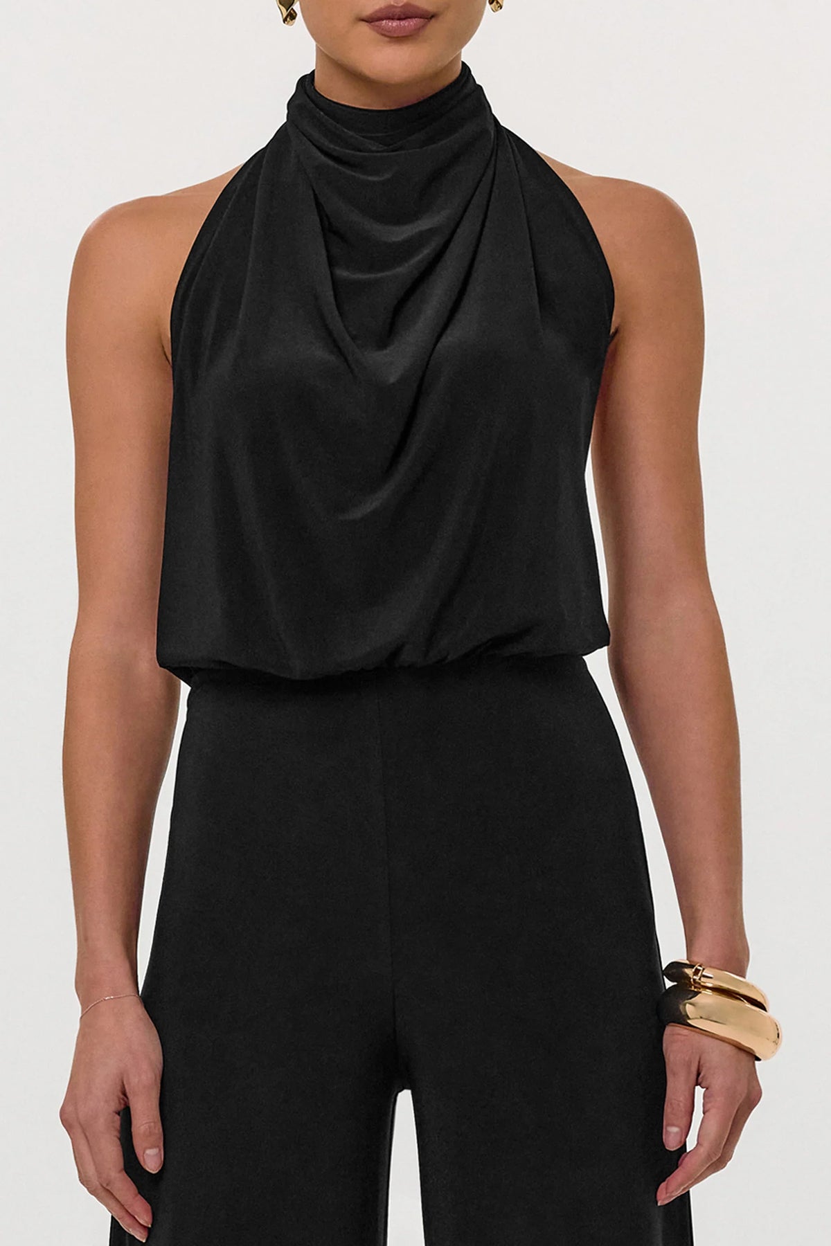Asha Black High Neck Jumpsuit With Ruched Detail