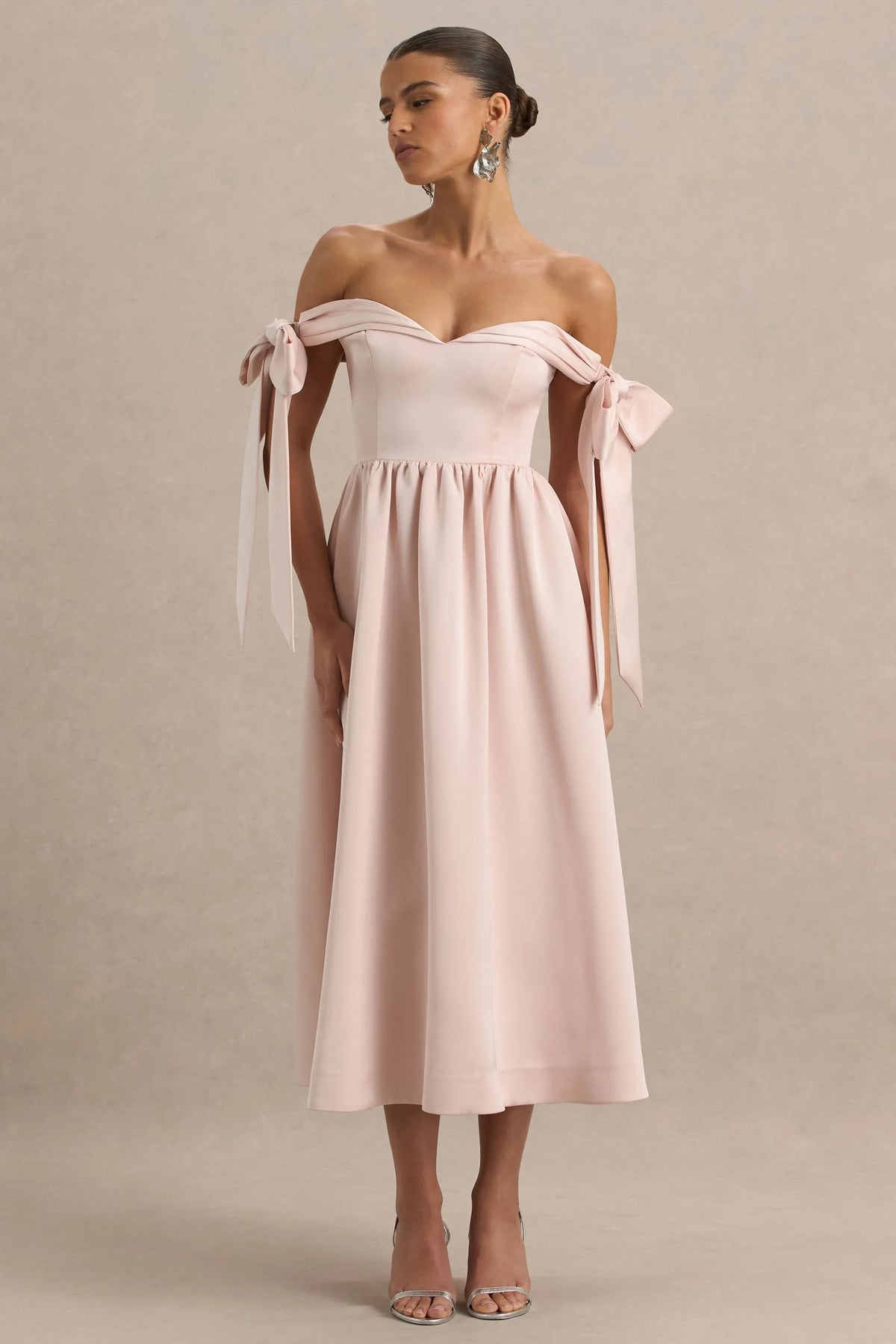 Agafay Rose Pink Satin Short Sleeve Bardot Wrap Midi Dress With Bow Detail