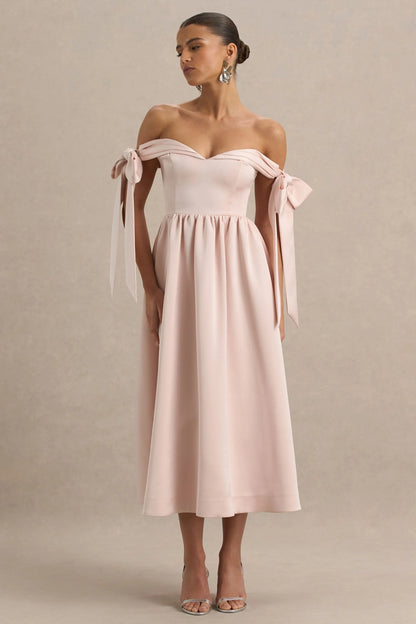 Agafay Rose Pink Satin Short Sleeve Bardot Wrap Midi Dress With Bow Detail