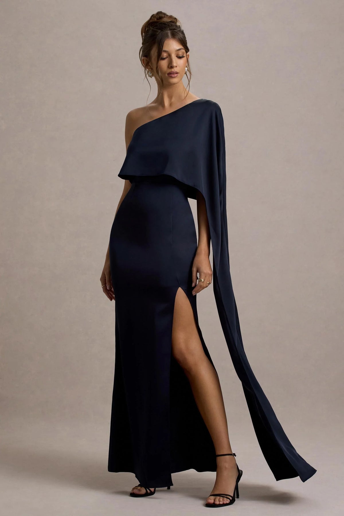 Amora Navy Satin Asymmetric Cape Sleeve Split Maxi Dress
