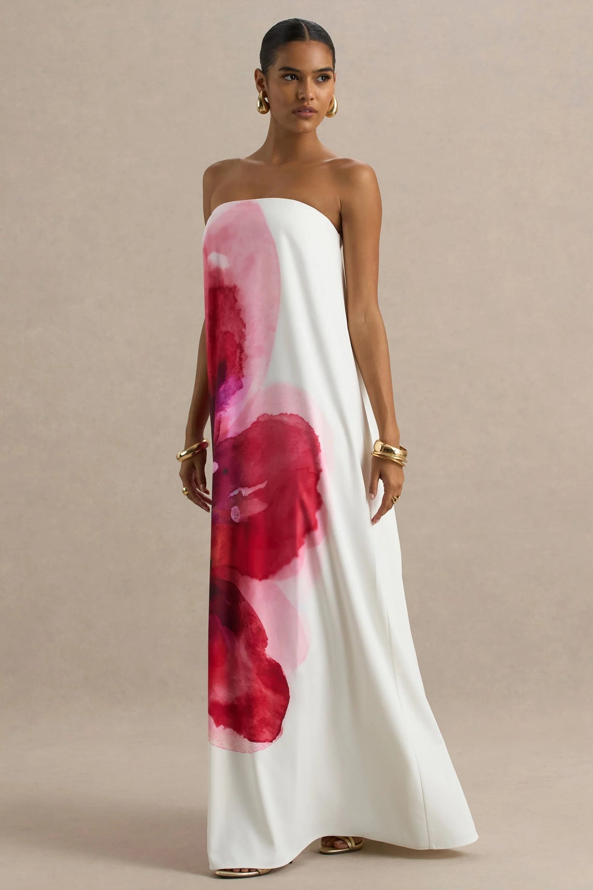 Breonna Bright Pink Floral Placement Print Bandeau Maxi Dress