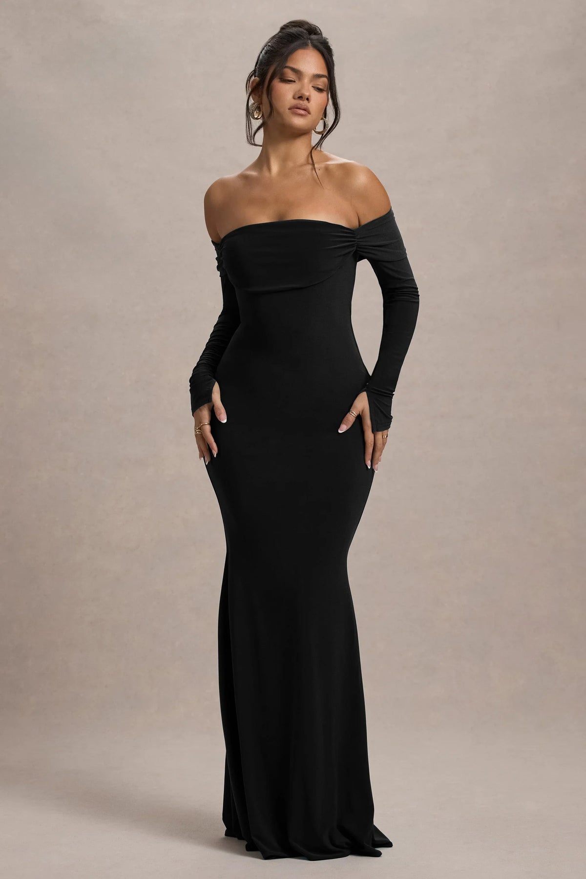 Amaia Black Bardot Long Sleeve Maxi Dress