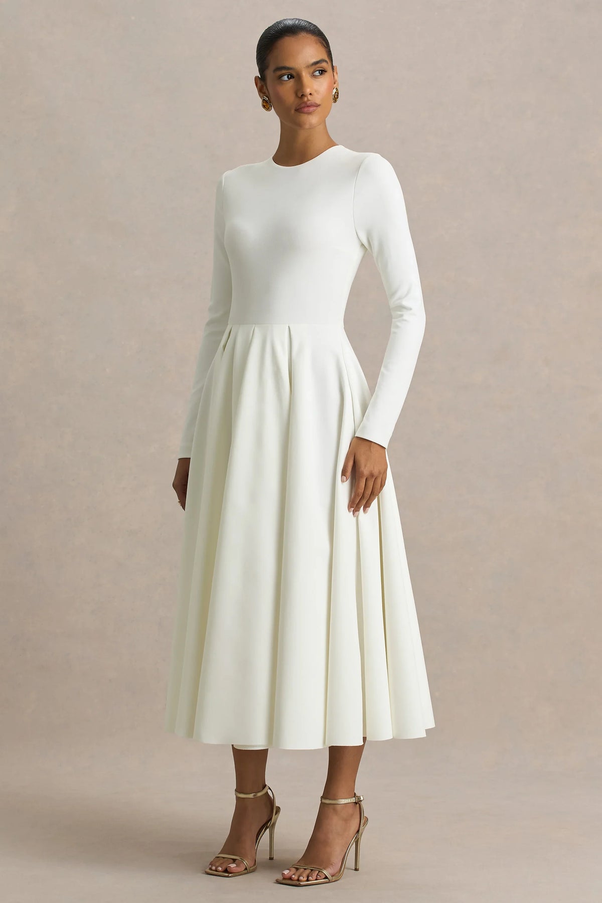 Bellamy Cream Crew Neck Long Sleeve Midi Dress