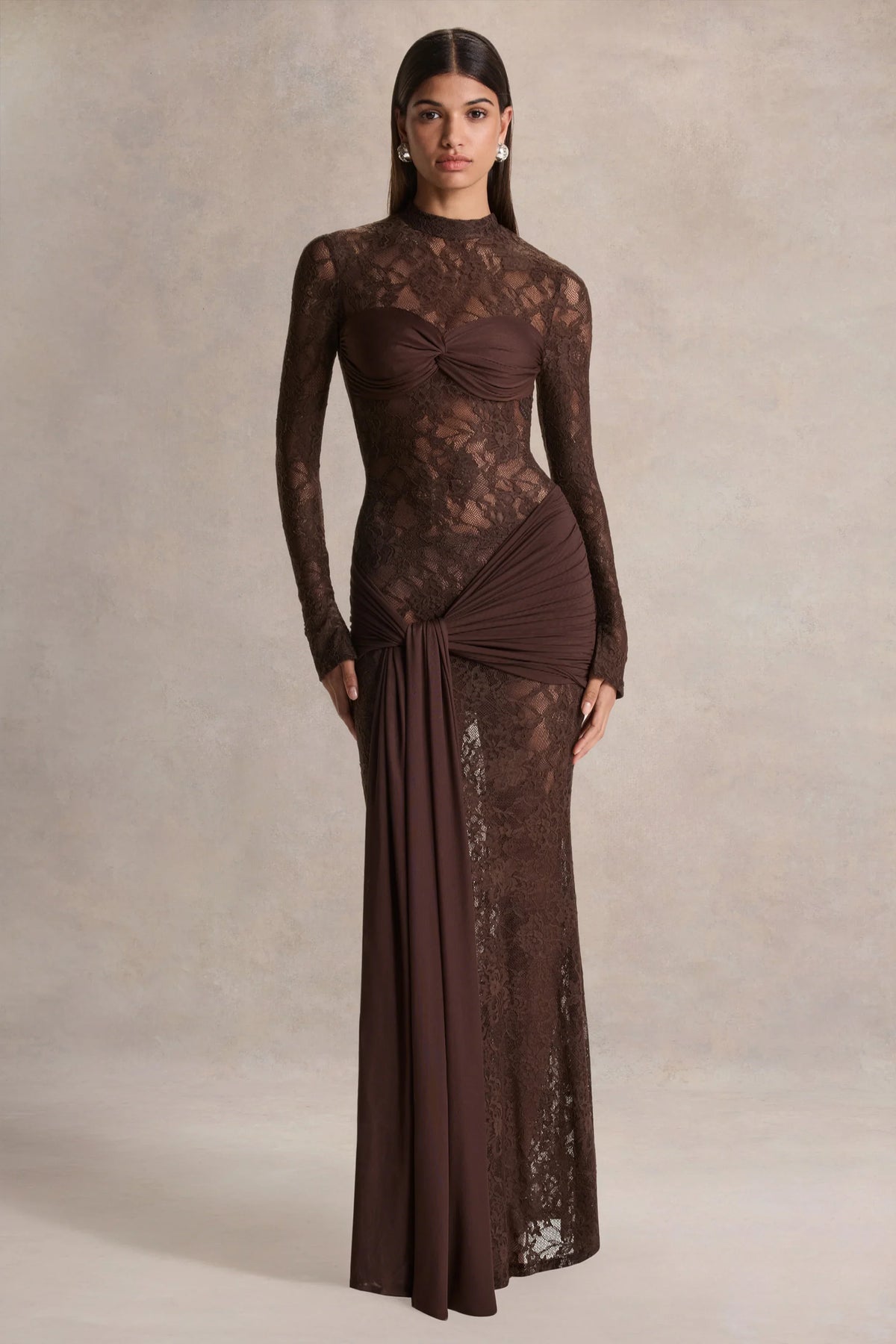 Akira Brown Lace Maxi Dress With Sash Detail