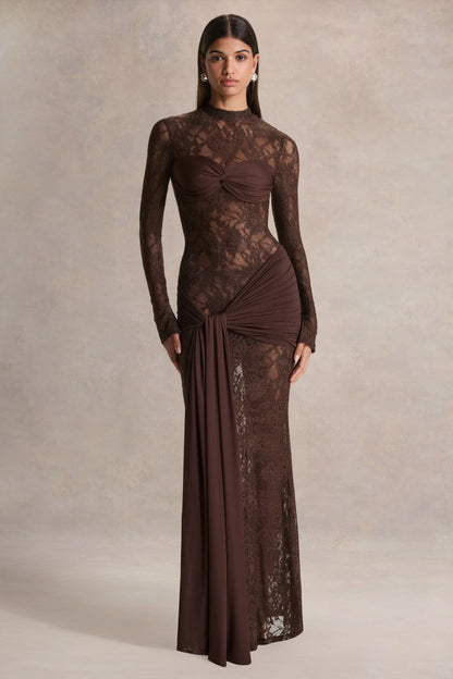 Akira Brown Lace Maxi Dress With Sash Detail
