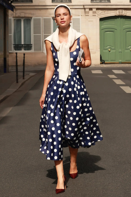 Berta Navy And White Polka Dot Square Neck Midi Dress