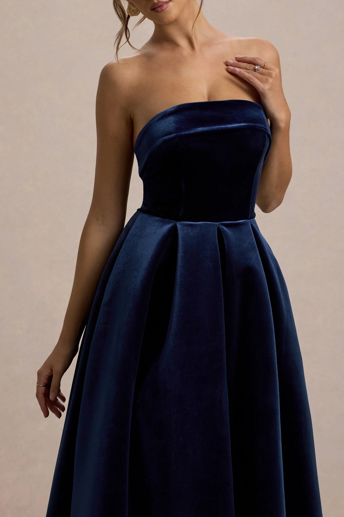 Addina Navy Velvet Bandeau Skater Midi Dress