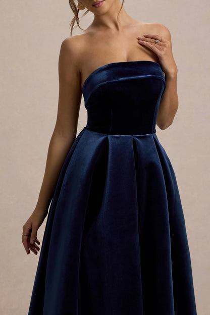 Addina Navy Velvet Bandeau Skater Midi Dress