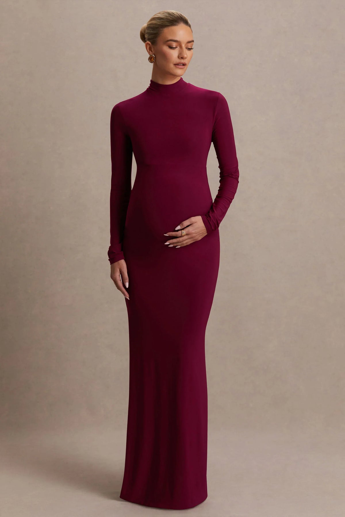 Alejandra Burgundy Maternity Long Sleeve High Neck Maxi Dress