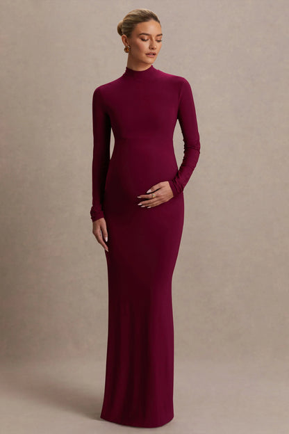 Alejandra Burgundy Maternity Long Sleeve High Neck Maxi Dress