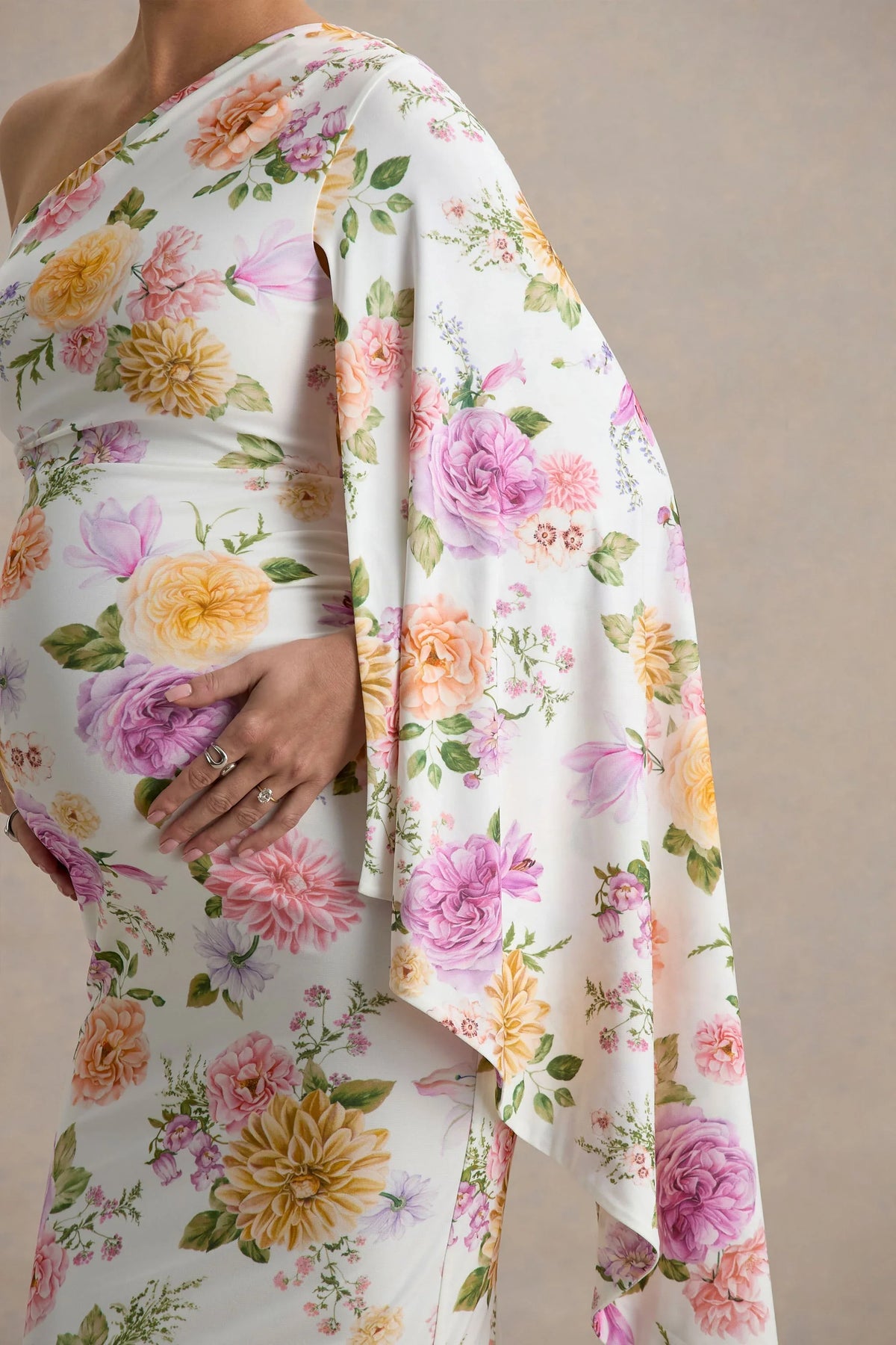 Aliana Peach And Lilac Floral Print Asymmetric Maternity Maxi Dress With Ruched Detailing