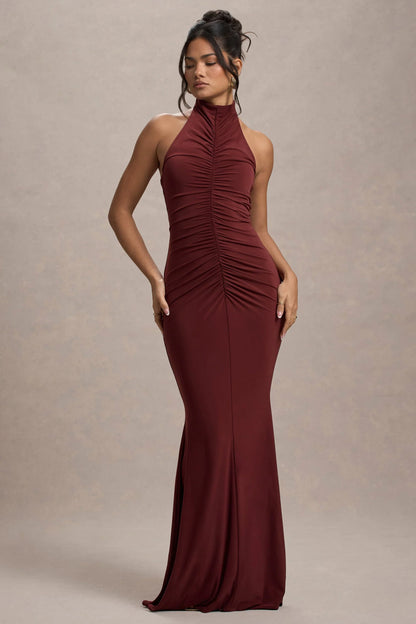 Arietta Port High Neck Ruched Fishtail Maxi Dress