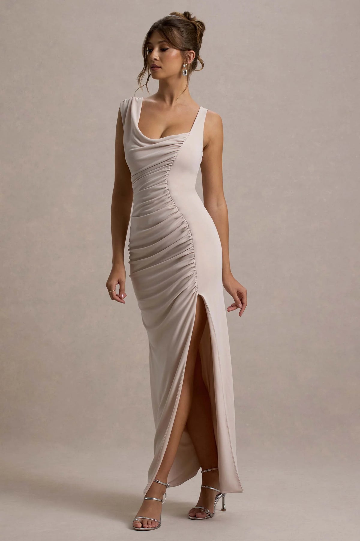 Analissa Champagne Asymmetric Draped Maxi Dress With Split