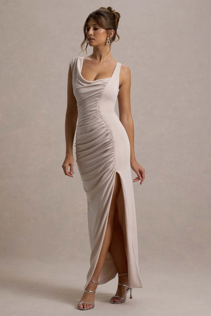 Analissa Champagne Asymmetric Draped Maxi Dress With Split