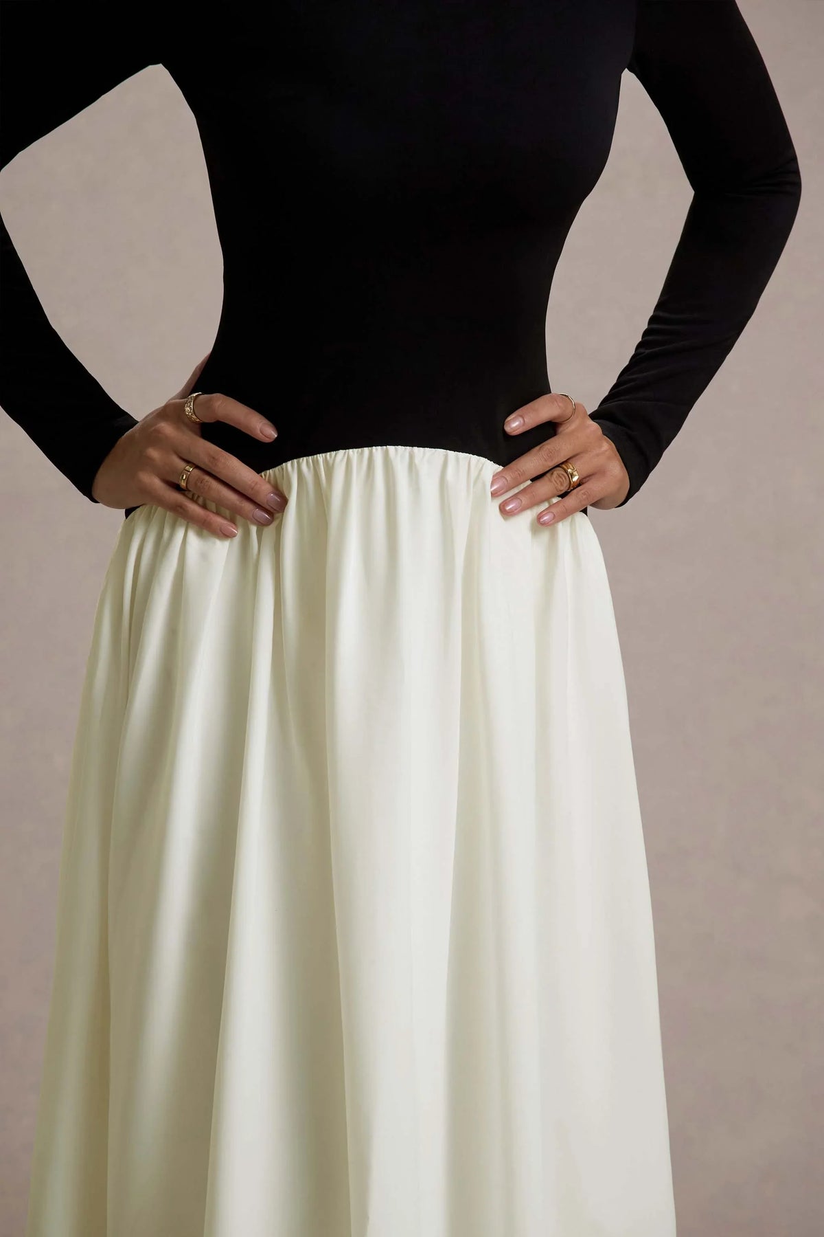 Benedetta Black Cream Long Sleeve Drop Waist Maxi Dress