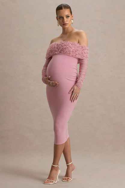 Adita Blush Pink Mesh Floral Bardot Maternity Midi Dress