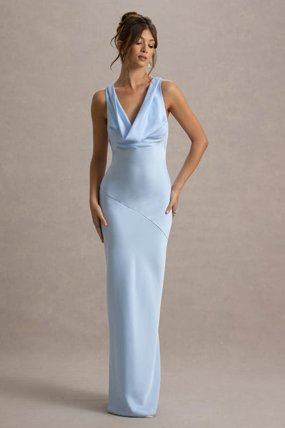 Alesso Powder Blue Satin Cowl Neck Slip Maxi Dress