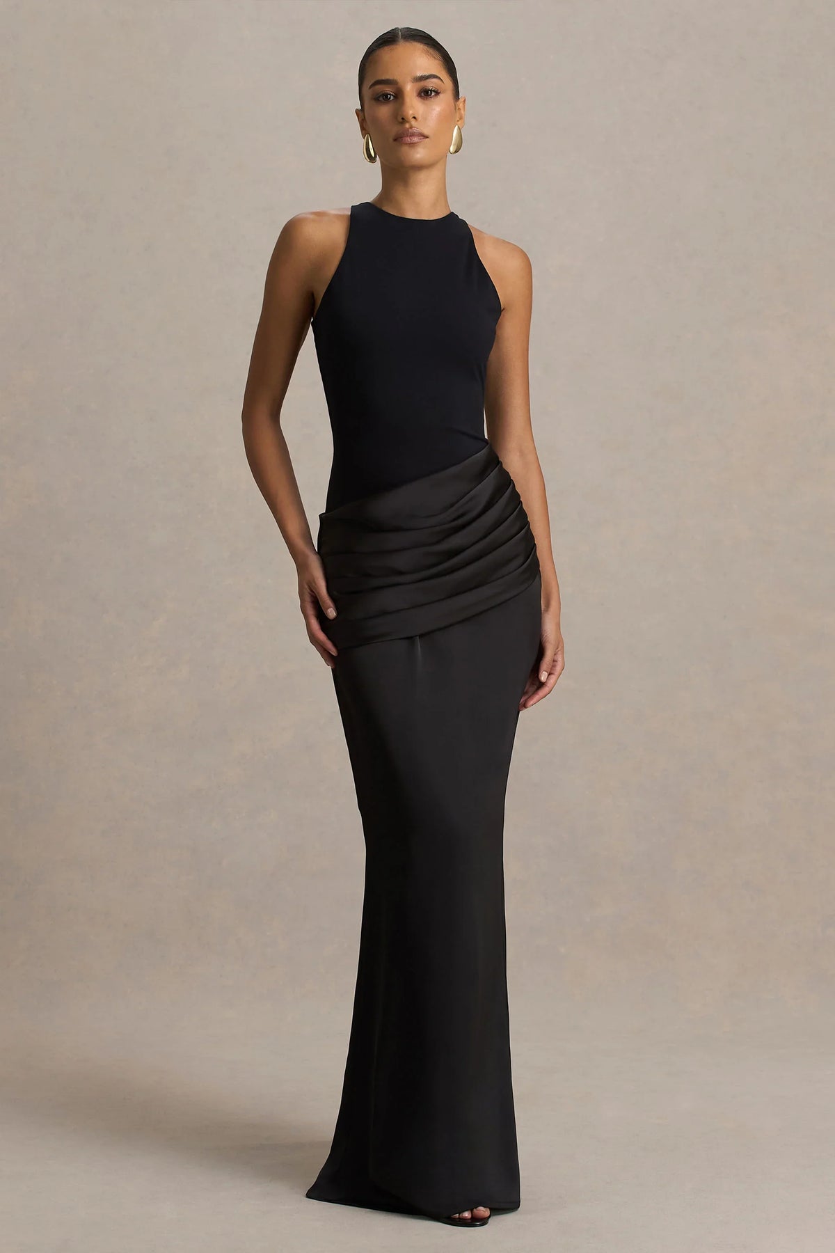 Akari Black Crew Neck Maxi Dress With Satin Skirt