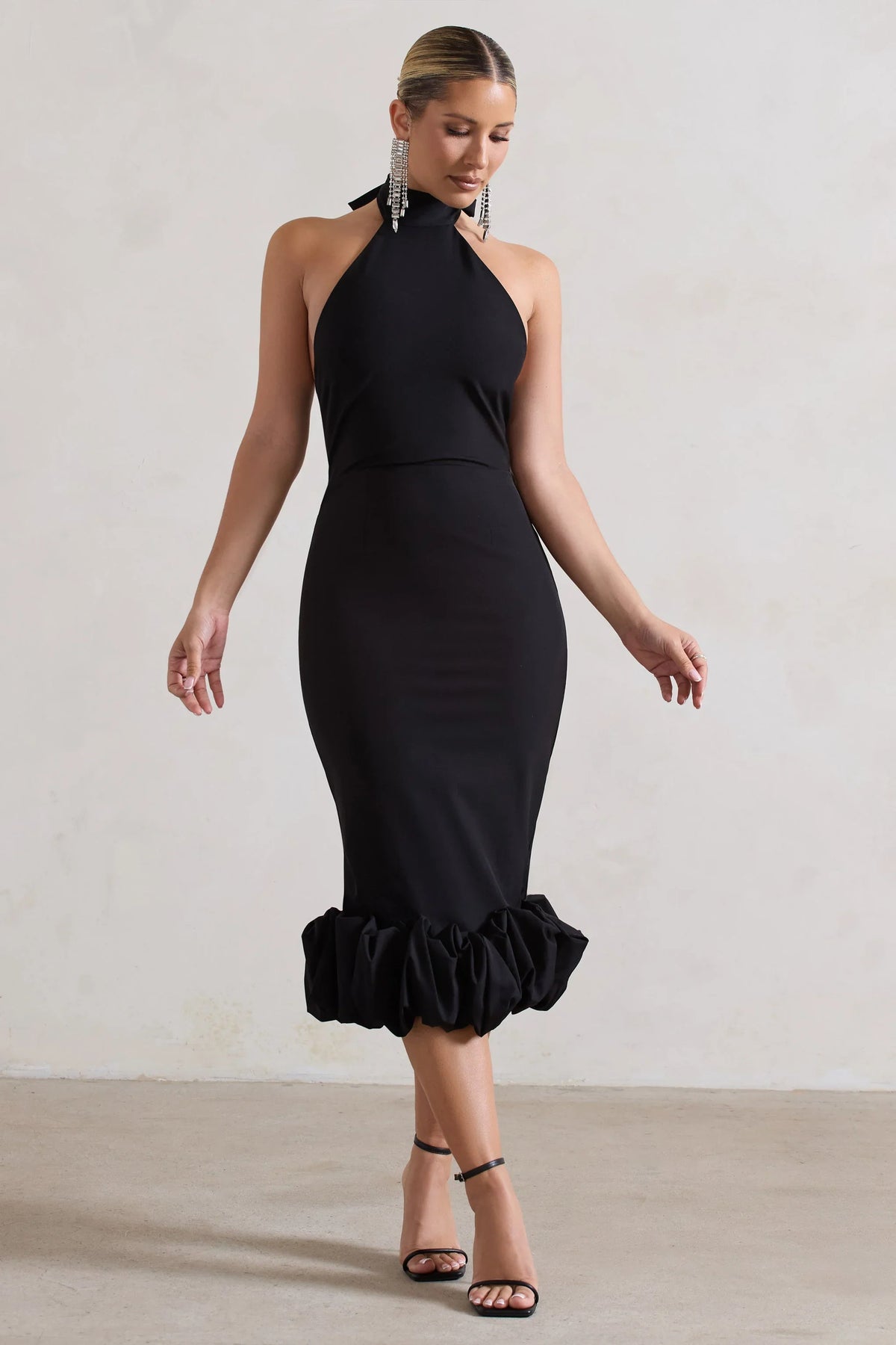 Ashton Black High Neck Midi Dress With Ruffle Hem