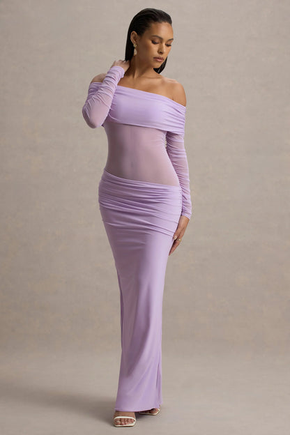 Belamour Lavender Semi Sheer Bardot Gathered Maxi Dress