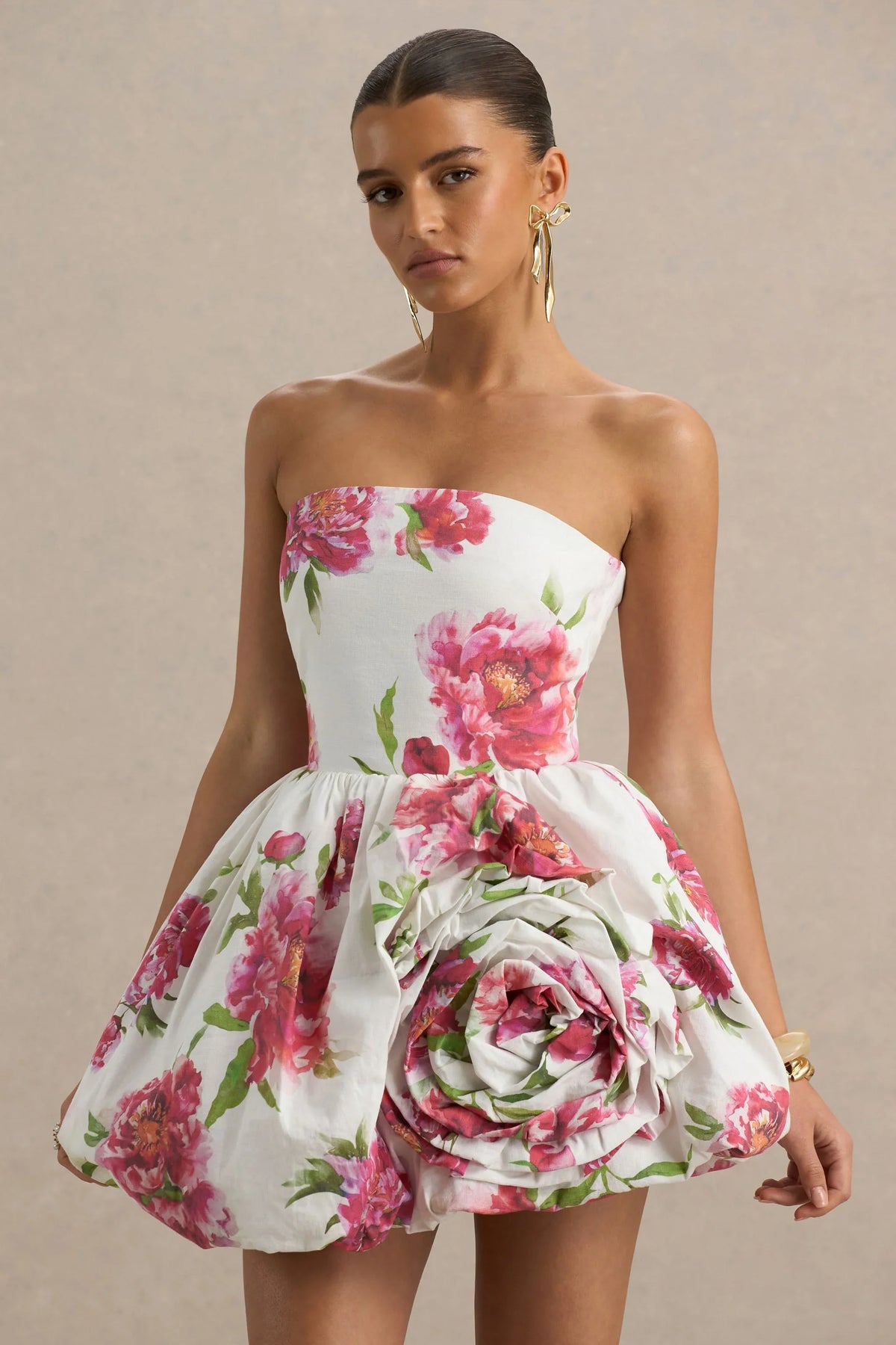 Adira Cream Floral Print Bandeau Puffball Mini Dress With Ruffle Detail