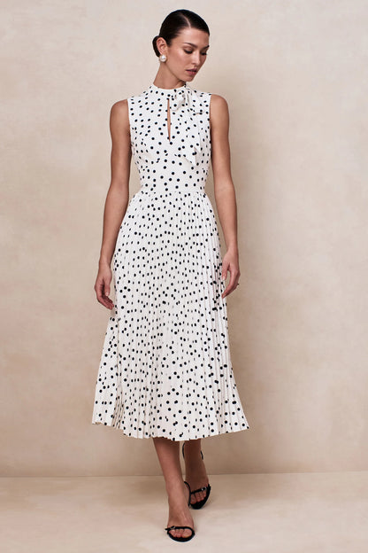 Avalon White Polka Dot Scarf Neck Midi Dress With Pleated Skirt