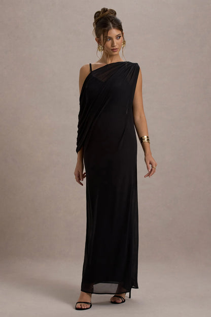 Aeliana Black Strappy V Neck Maxi Dress With Chiffon Sash