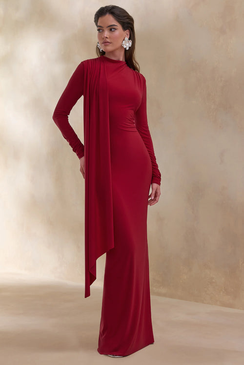 Amaria Red High Neck Maxi Dress With Sash Detail