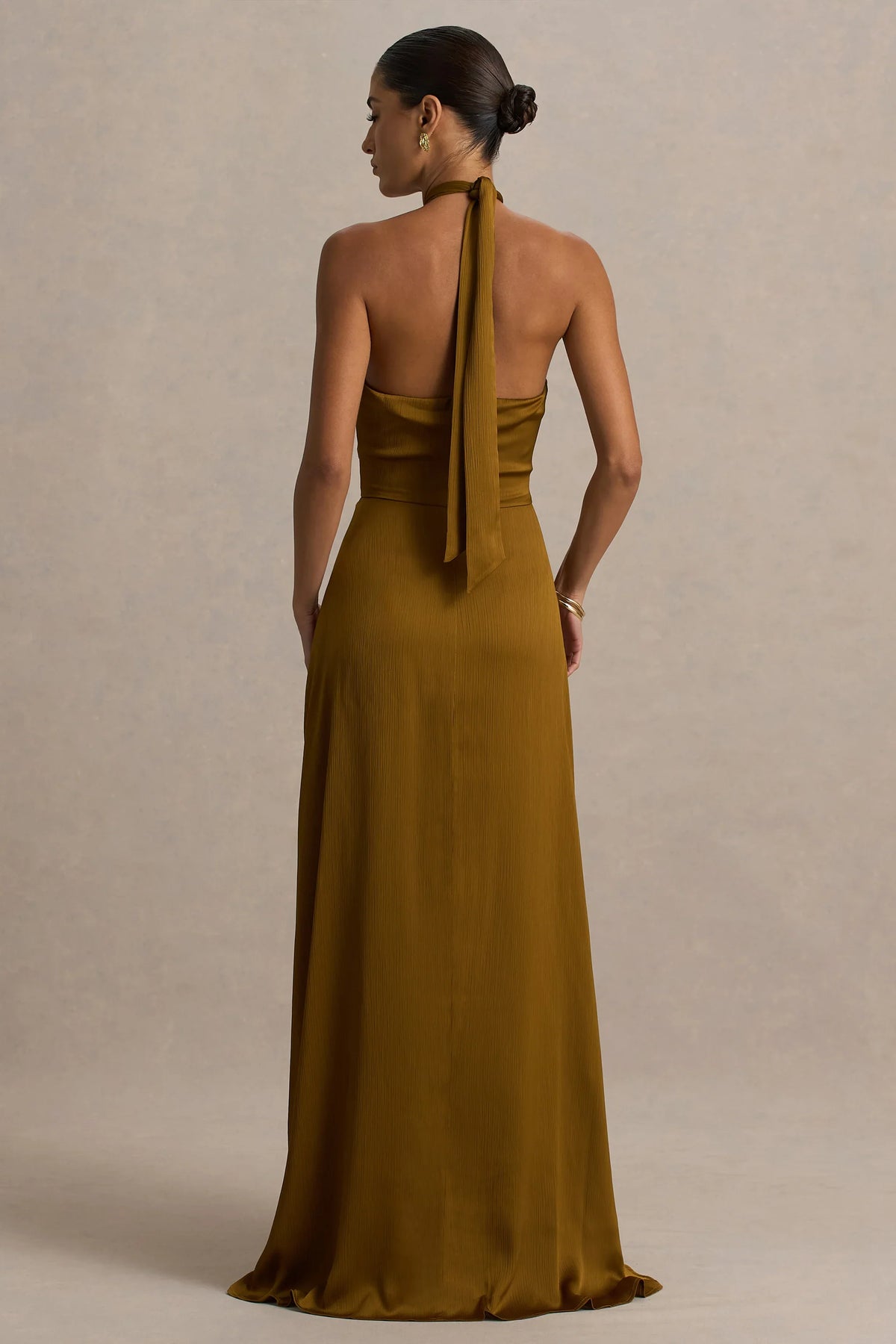 Aleera Olive Chiffon Halter Neck Maxi Dress With Cut Out Detail
