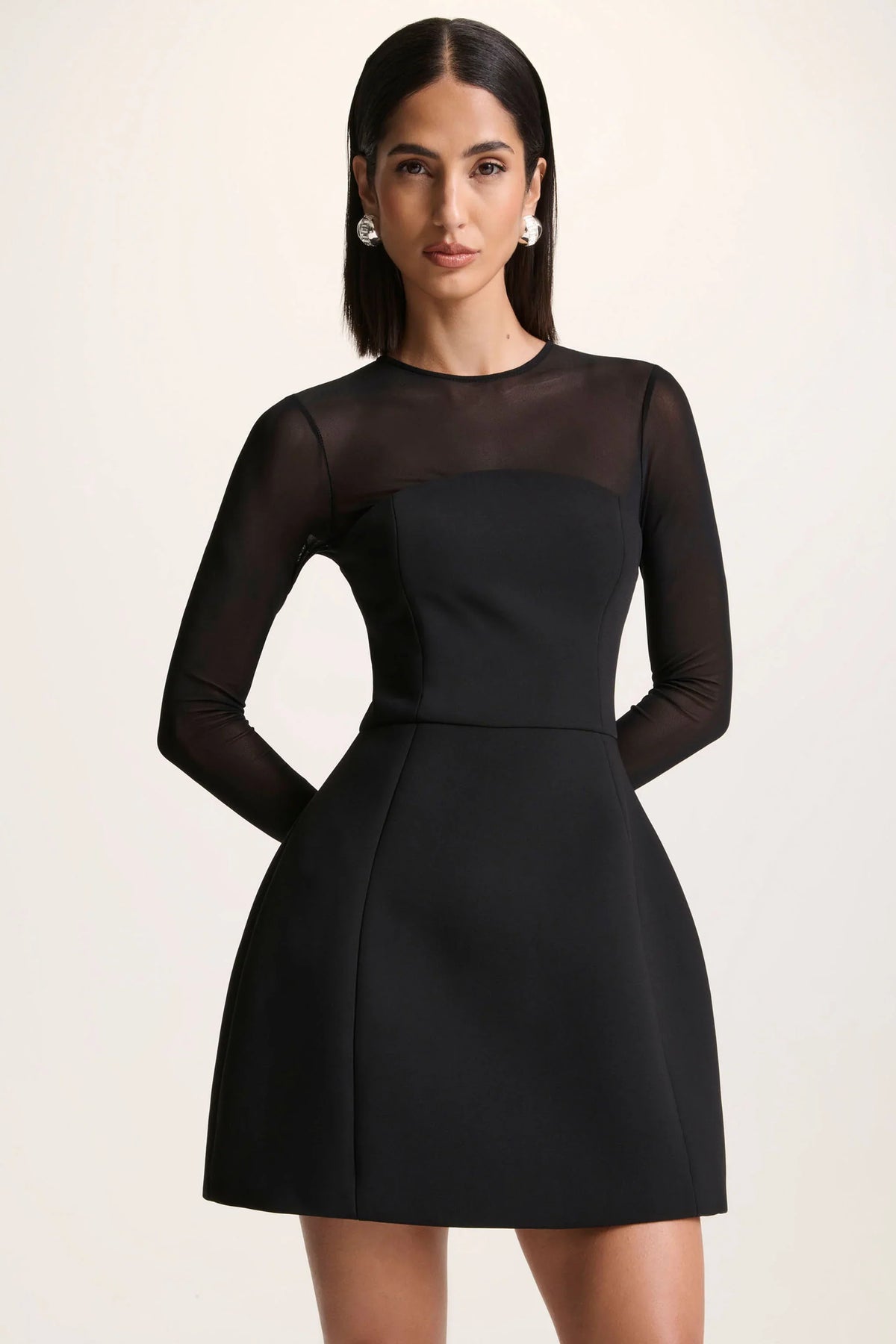 Aviana Black Mesh Crew Neck Mini Dress