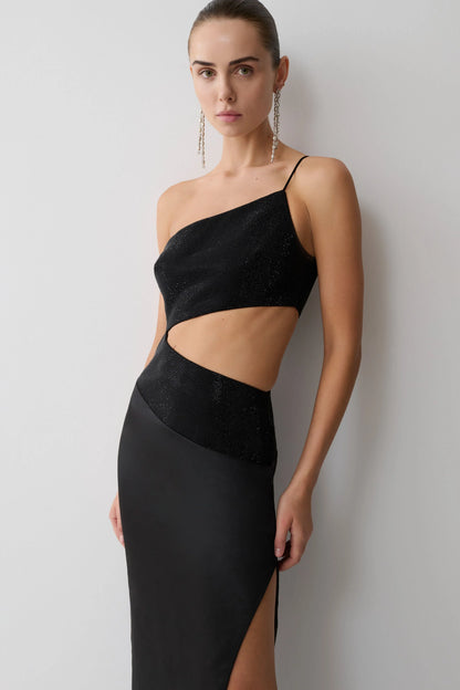 Athena One Shoulder Diamante Maxi Dress Black