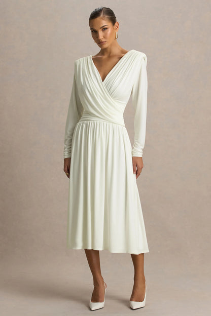 Alexis Cream Plunge Neck Midi Dress With Draped And Ruched Detailing