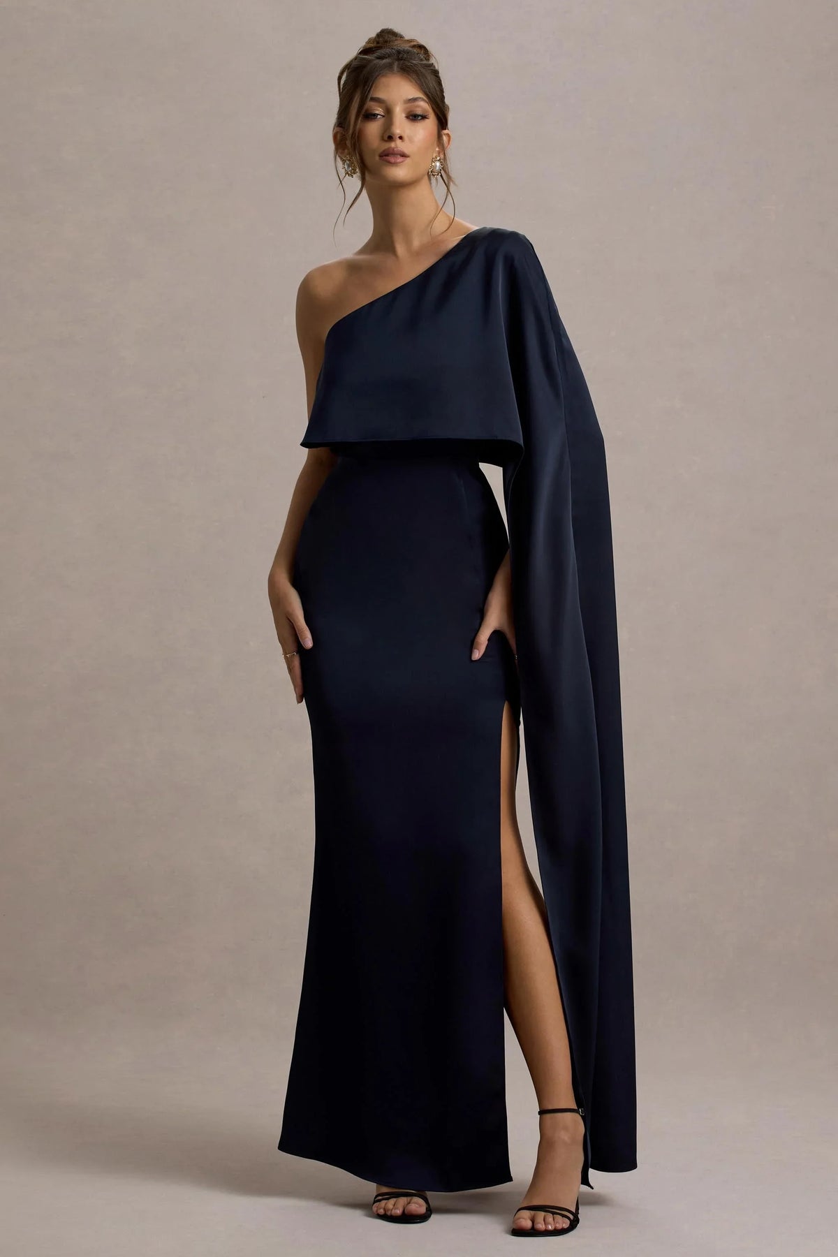 Amora Navy Satin Asymmetric Cape Sleeve Split Maxi Dress