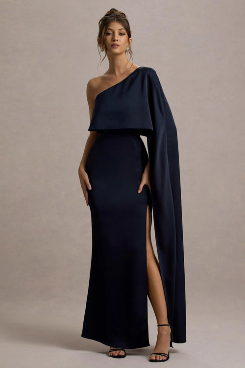 Amora Navy Satin Asymmetric Cape Sleeve Split Maxi Dress