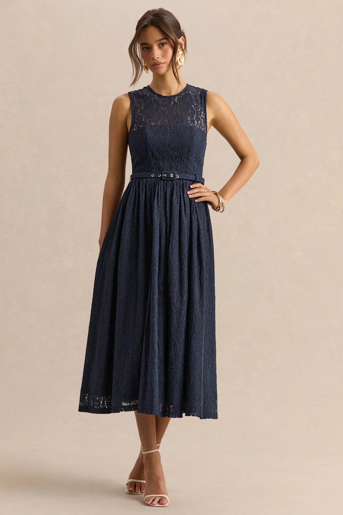 Anabella Navy Lace Crew Neck Belted Midi Dress