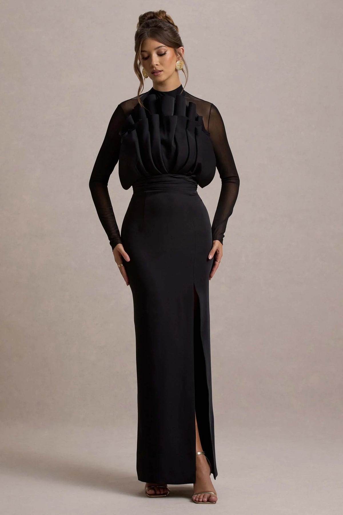 Alder Black Mesh Long Sleeve Ruffled Split Maxi Dress