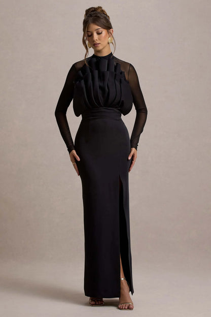 Alder Black Mesh Long Sleeve Ruffled Split Maxi Dress