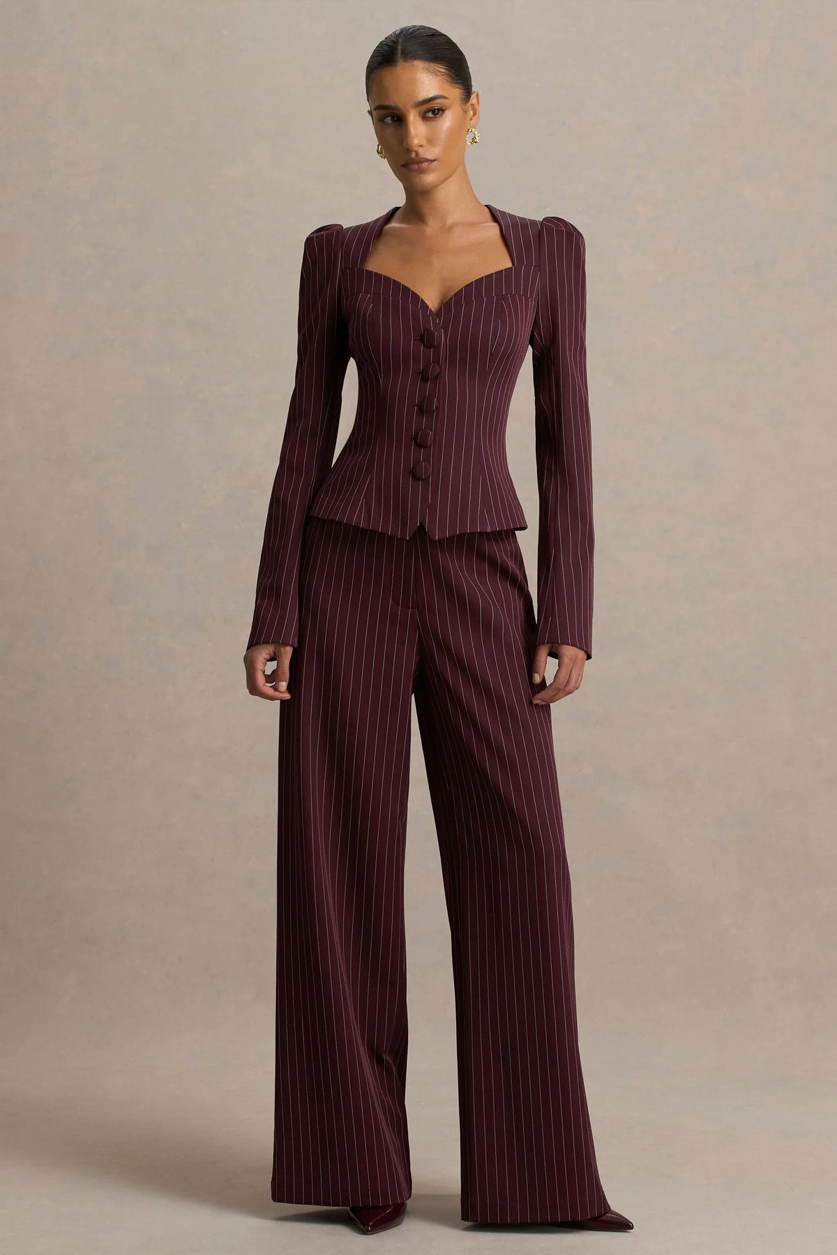Asteria Burgundy Pinstripe Wide Leg Trousers