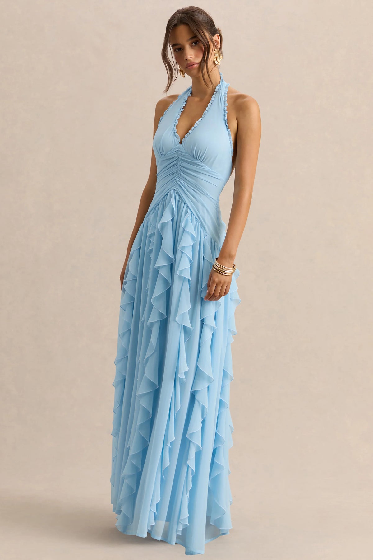 Bea Powder Blue Plunge Neck Ruffled Maxi Dress