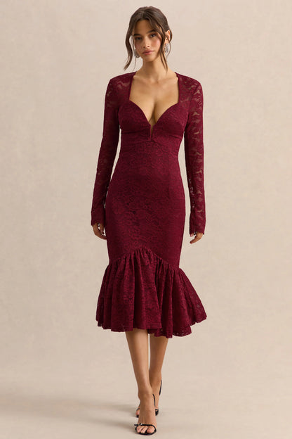 Camilly Burgundy Lace Plunge Neck Mermaid Midi Dress