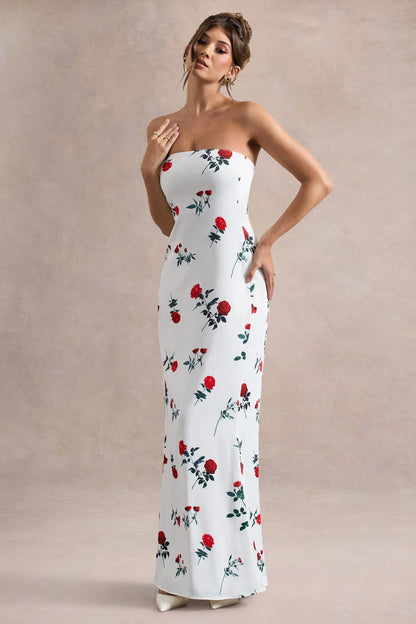 Azra Rose Print Satin Bandeau Maxi Dress