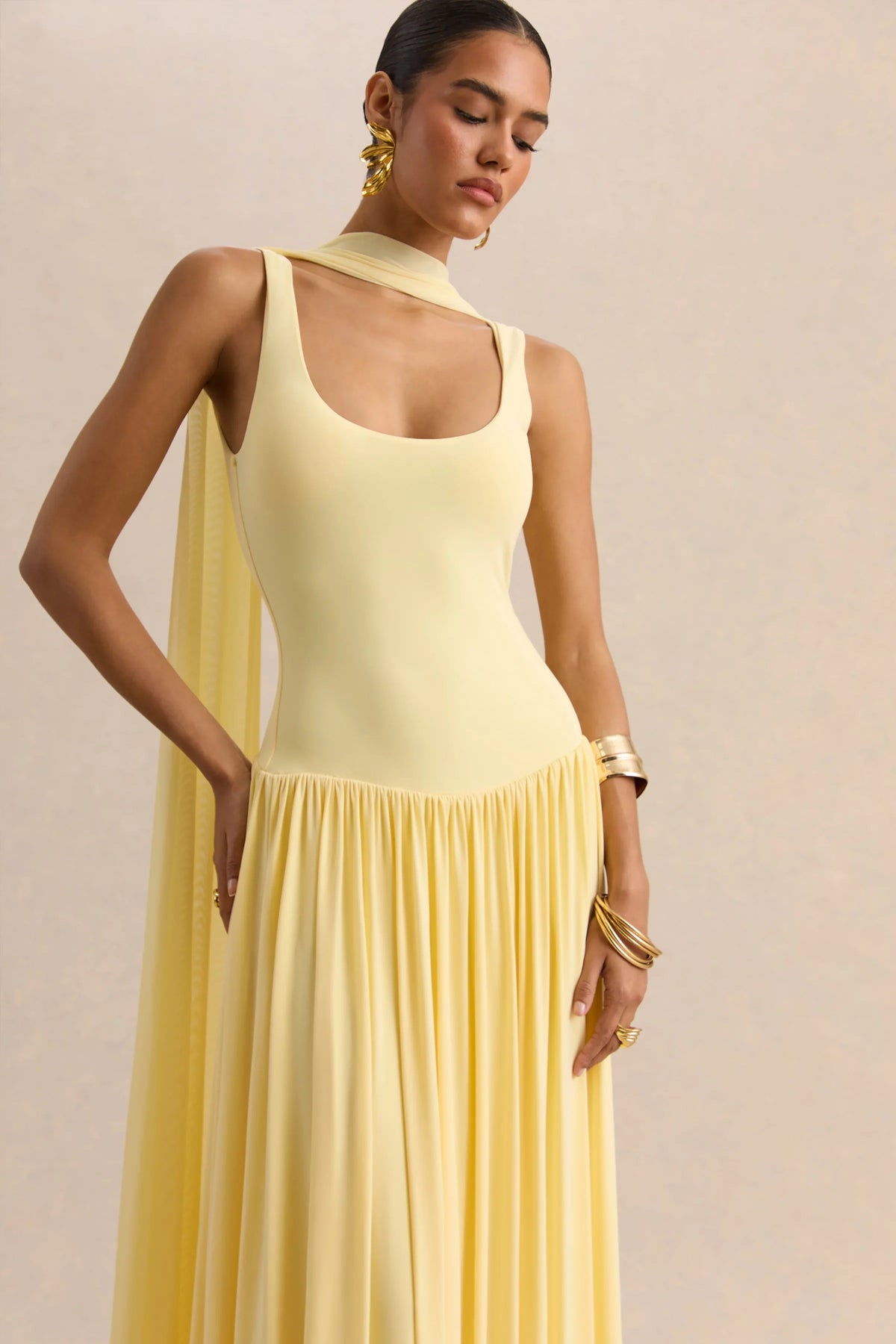 Aurina Lemon Square Neck Maxi Dress With Scarf Detail