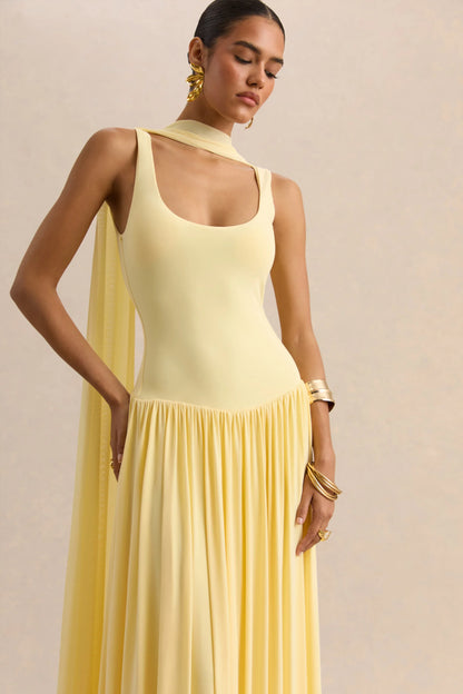 Aurina Lemon Square Neck Maxi Dress With Scarf Detail